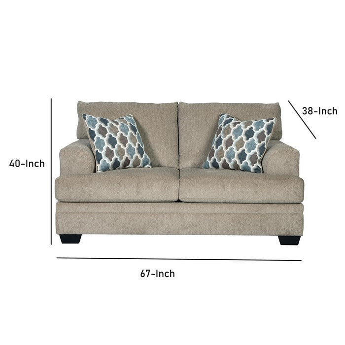 Fabric Upholstered Wooden Loveseat with T Cushioned Seat and Back, Beige
