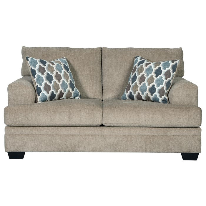 Fabric Upholstered Wooden Loveseat with T Cushioned Seat and Back, Beige