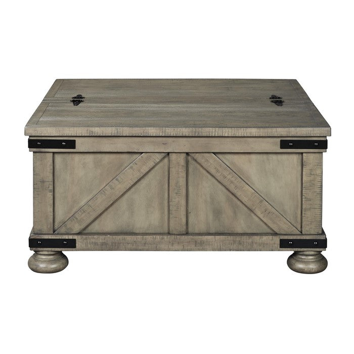 Farmhouse Cocktail Table with Lift Top Storage and Crossbuck details, Gray