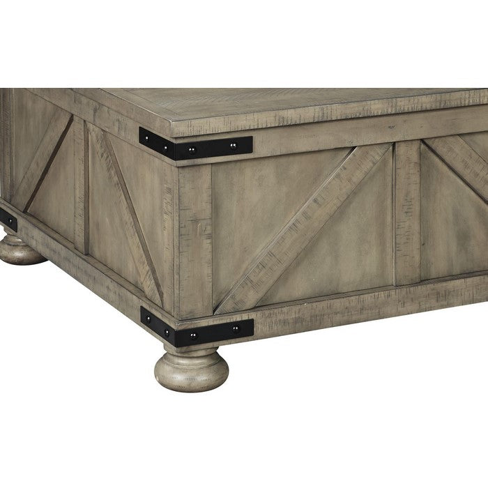 Farmhouse Cocktail Table with Lift Top Storage and Crossbuck details, Gray