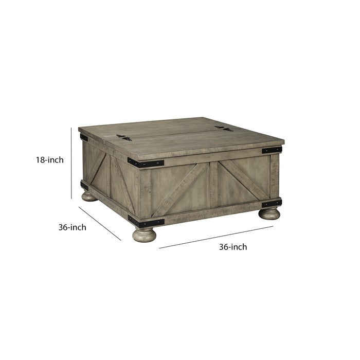 Farmhouse Cocktail Table with Lift Top Storage and Crossbuck details, Gray