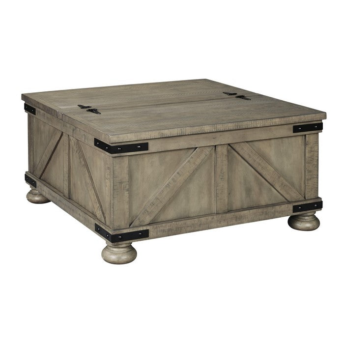 Farmhouse Cocktail Table with Lift Top Storage and Crossbuck details, Gray