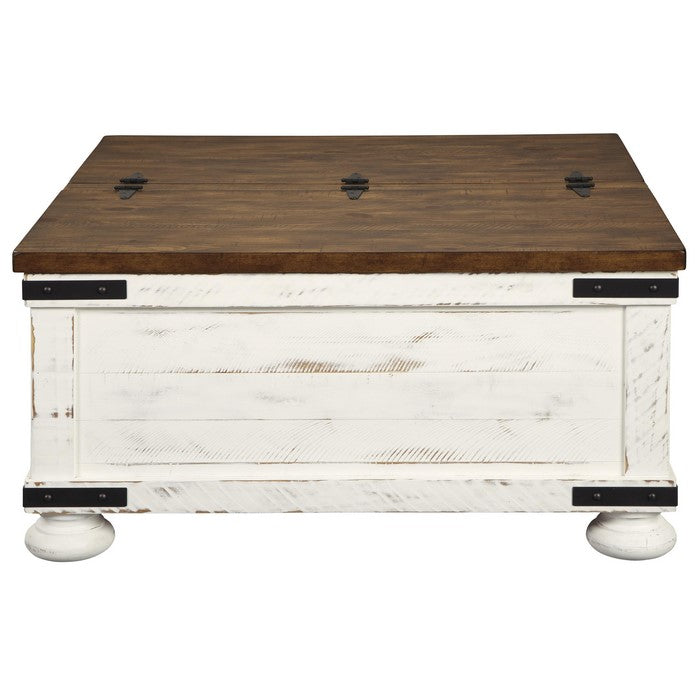 Farmhouse Two Tone Cocktail Table with Lift Top Storage, Brown and White