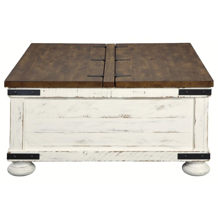 Farmhouse Two Tone Cocktail Table with Lift Top Storage, Brown and White