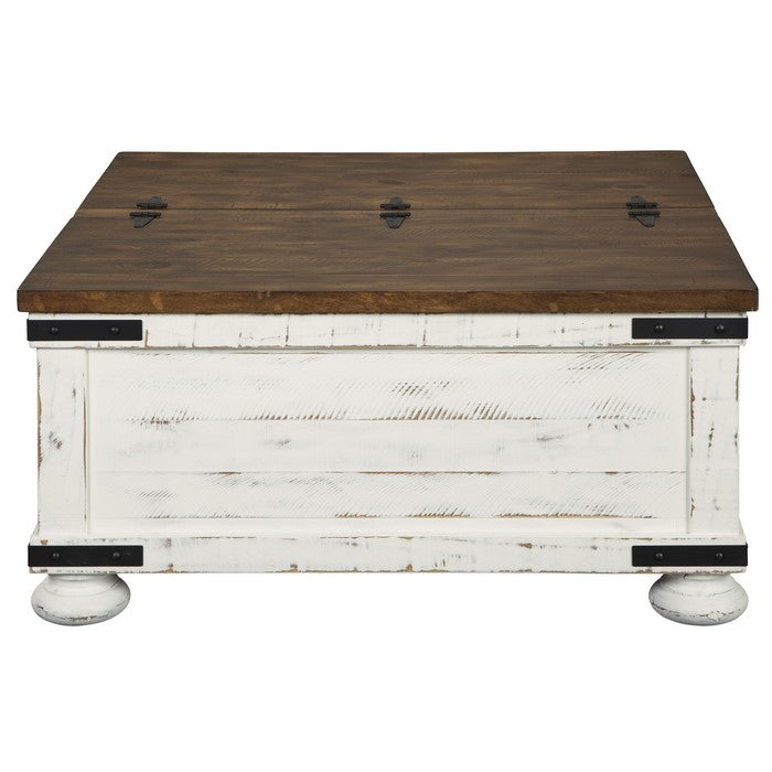 Farmhouse Two Tone Cocktail Table with Lift Top Storage, Brown and White