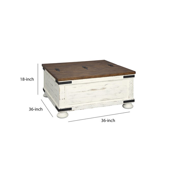 Farmhouse Two Tone Cocktail Table with Lift Top Storage, Brown and White