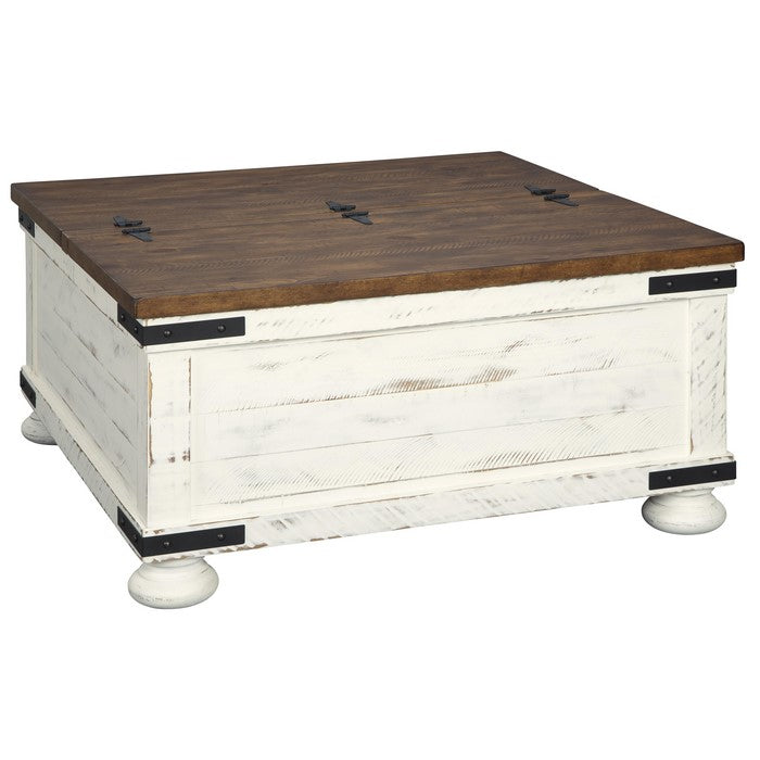 Farmhouse Two Tone Cocktail Table with Lift Top Storage, Brown and White