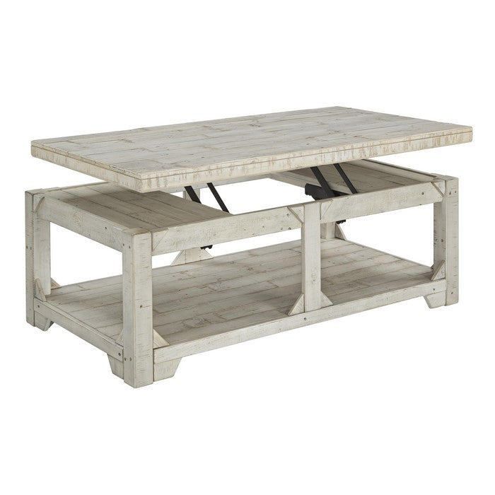 Farmhouse Wooden Lift Top Cocktail Table with Open Bottom Shelf, White