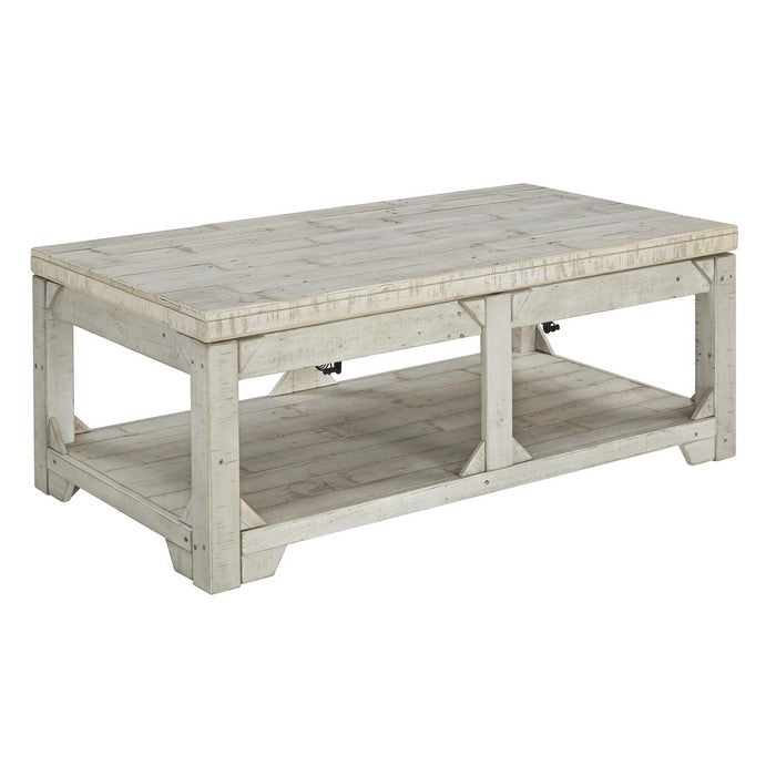 Farmhouse Wooden Lift Top Cocktail Table with Open Bottom Shelf, White