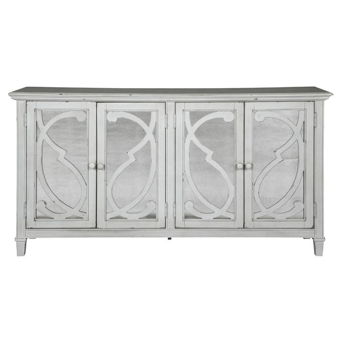 Filigree Front Mirrored Glass 4 Door Cabinet with Distressed Detail, Gray