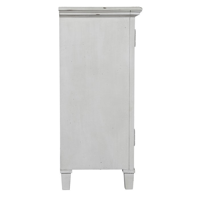 Filigree Front Mirrored Glass 4 Door Cabinet with Distressed Detail, Gray