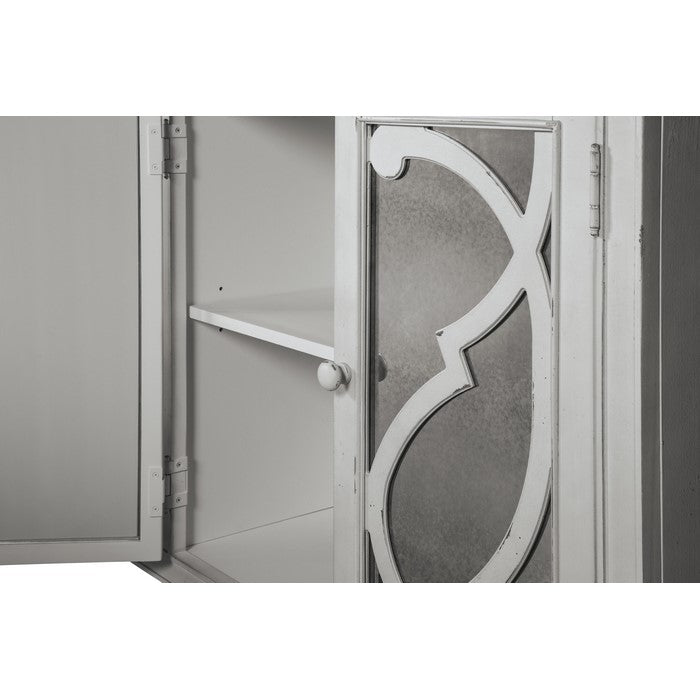 Filigree Front Mirrored Glass 4 Door Cabinet with Distressed Detail, Gray