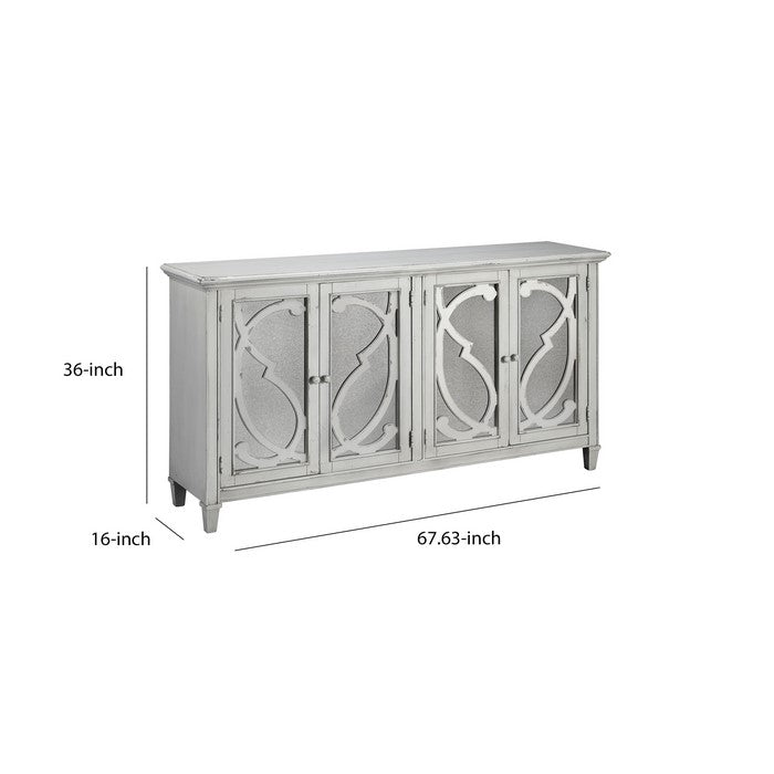Filigree Front Mirrored Glass 4 Door Cabinet with Distressed Detail, Gray