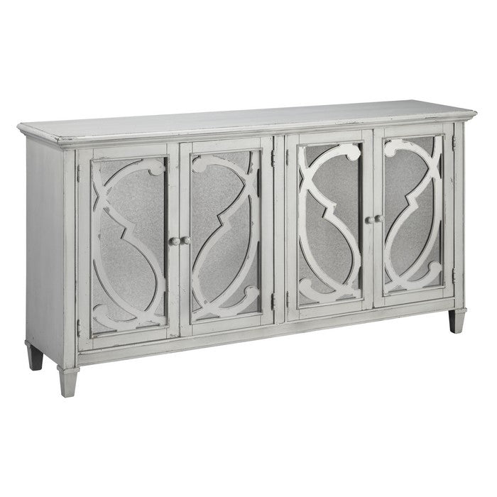 Filigree Front Mirrored Glass 4 Door Cabinet with Distressed Detail, Gray