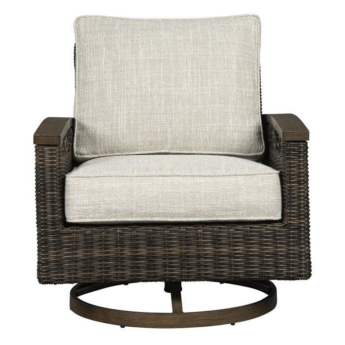 Handwoven Wicker Aluminum Swivel Lounge Chair, Set of 2, Beige and Brown