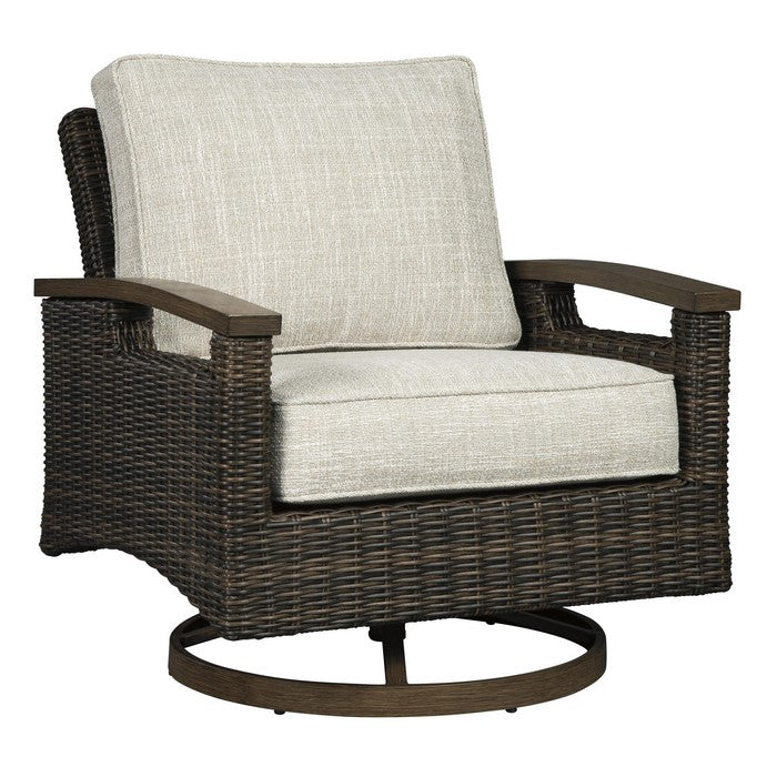 Handwoven Wicker Aluminum Swivel Lounge Chair, Set of 2, Beige and Brown