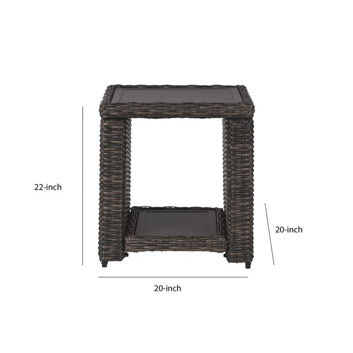 Handwoven Wicker End Table with Open Shelf, Brown and Black