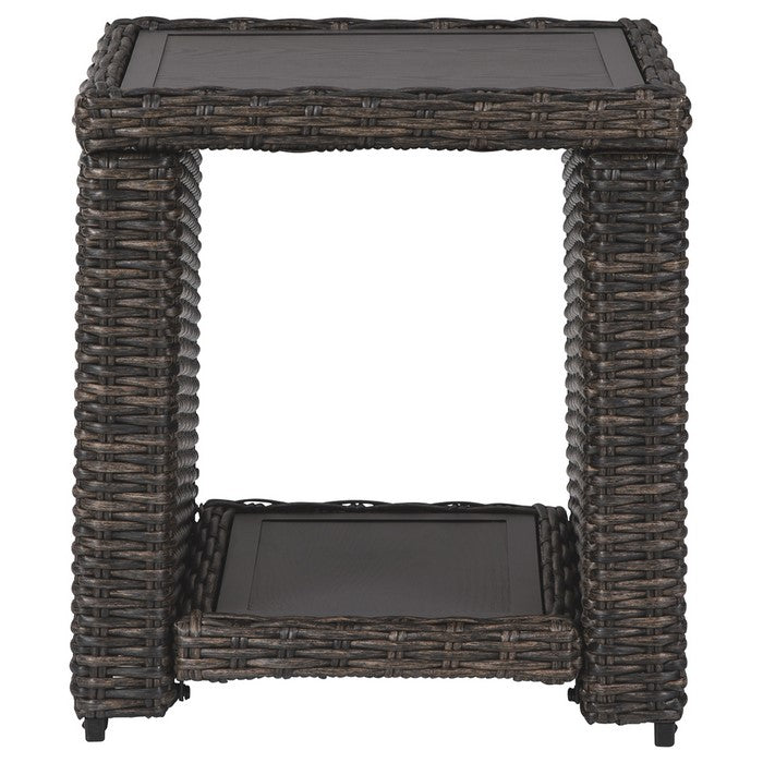 Handwoven Wicker End Table with Open Shelf, Brown and Black