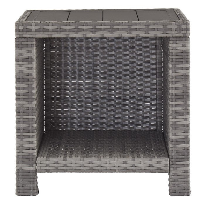 Handwoven Wicker End Table with Plank Style Top and Metal Frame, Gray