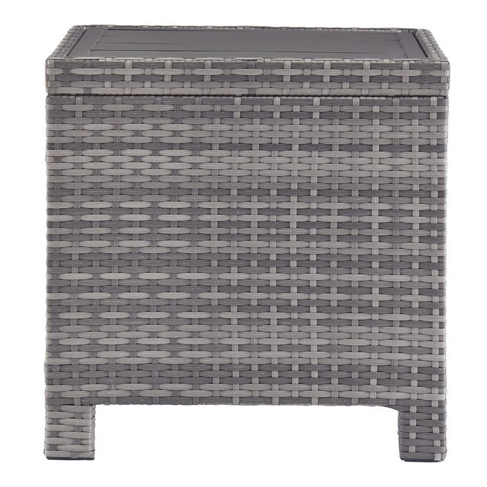 Handwoven Wicker End Table with Plank Style Top and Metal Frame, Gray
