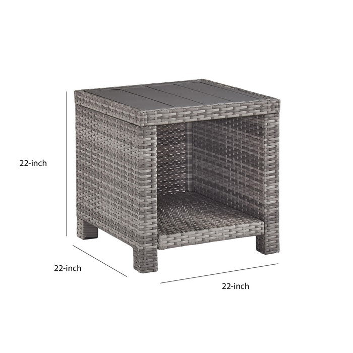 Handwoven Wicker End Table with Plank Style Top and Metal Frame, Gray