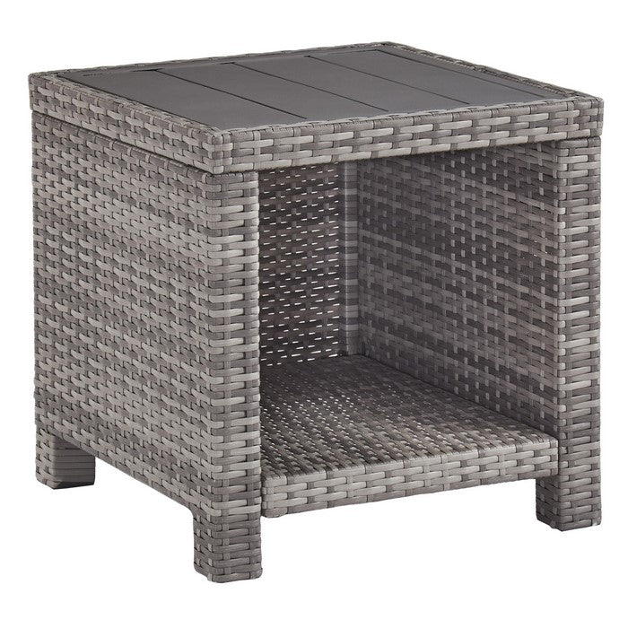 Handwoven Wicker End Table with Plank Style Top and Metal Frame, Gray