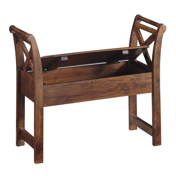 Hinged Seat Storage Wooden Accent Bench with X Braces, Brown