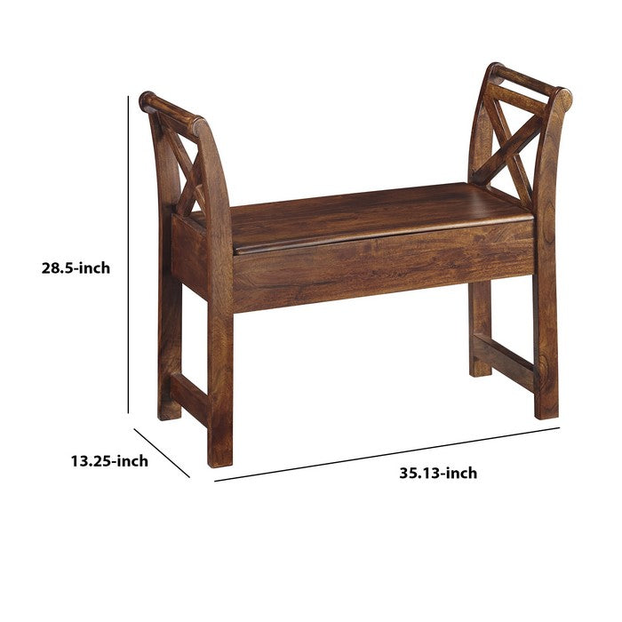 Hinged Seat Storage Wooden Accent Bench with X Braces, Brown