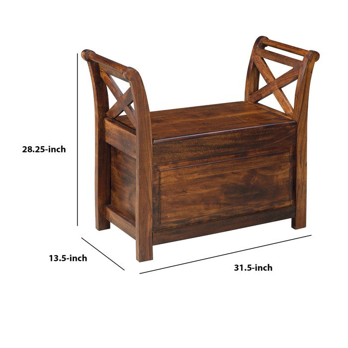 Hinged Seat Storage Wooden Bench with X Braces, Brown