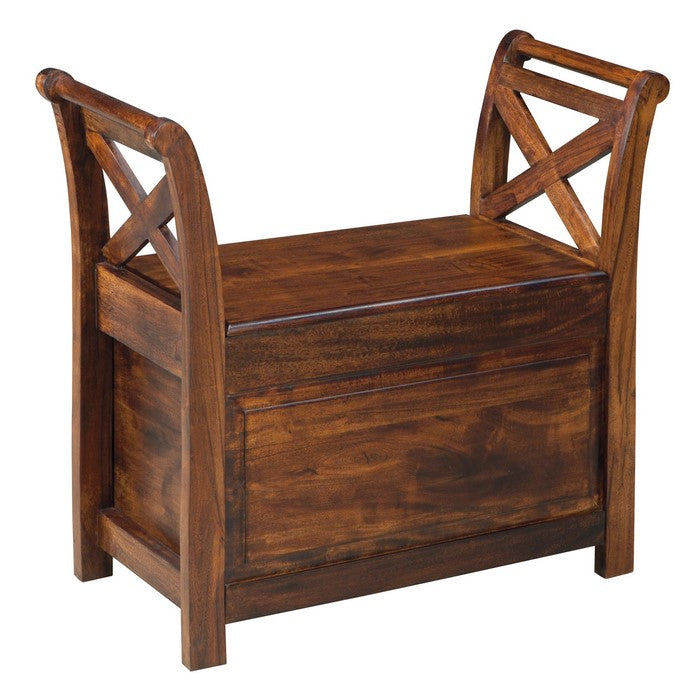 Hinged Seat Storage Wooden Bench with X Braces, Brown