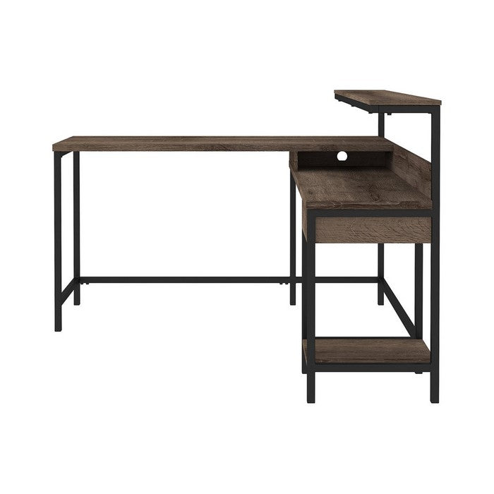 L Shaped Wooden Writing Desk with 1 Drawer and Bottom Shelf,Brown and Black