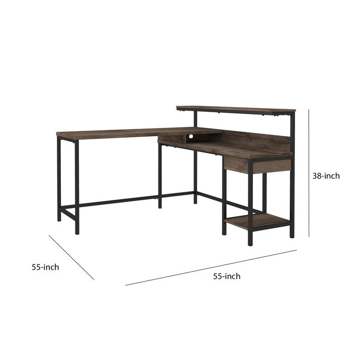 L Shaped Wooden Writing Desk with 1 Drawer and Bottom Shelf,Brown and Black