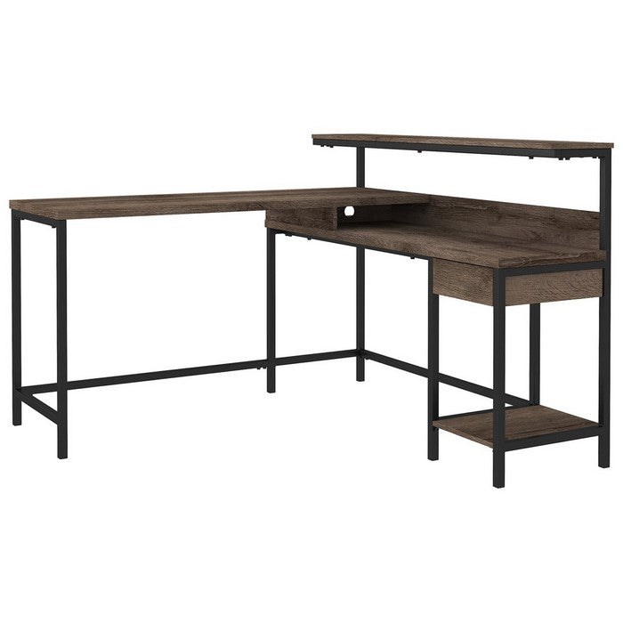 L Shaped Wooden Writing Desk with 1 Drawer and Bottom Shelf,Brown and Black