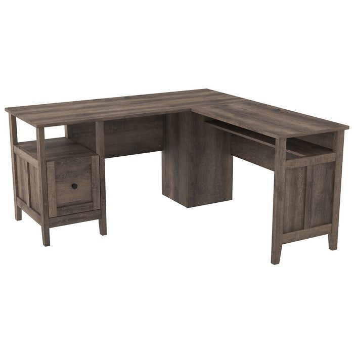 L Shaped Wooden Writing Desk with 1 File Drawer and Bottom Shelf, Brown