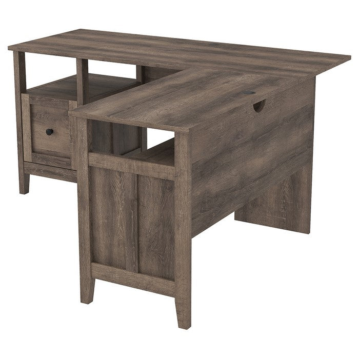 L Shaped Wooden Writing Desk with 1 File Drawer and Bottom Shelf, Brown