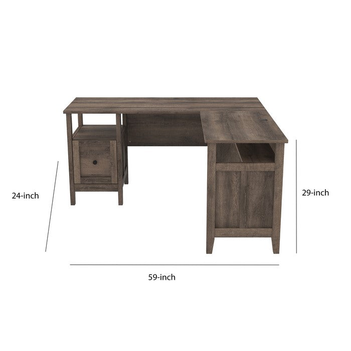 L Shaped Wooden Writing Desk with 1 File Drawer and Bottom Shelf, Brown