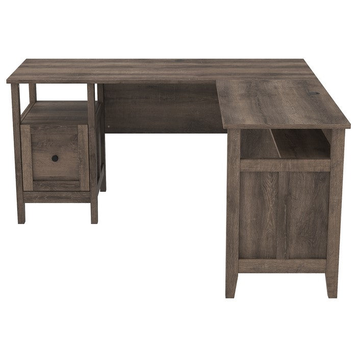L Shaped Wooden Writing Desk with 1 File Drawer and Bottom Shelf, Brown