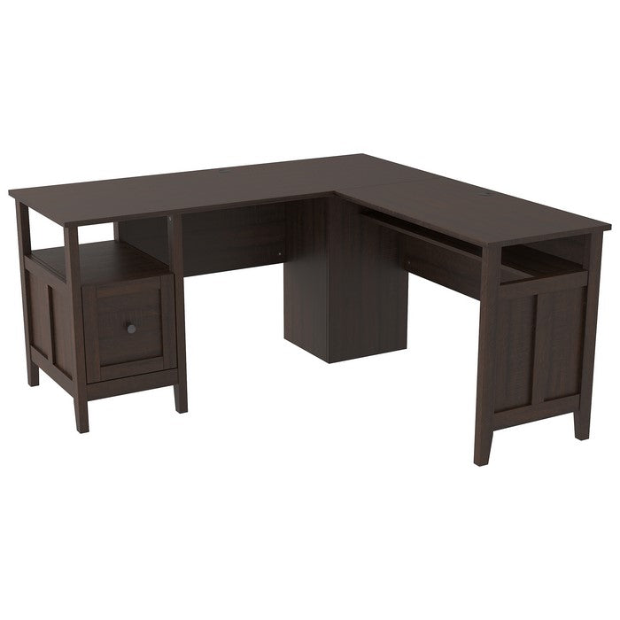 L Shaped Writing Desk with 1 Drawer and Bottom Shelf, Dark Brown and Black