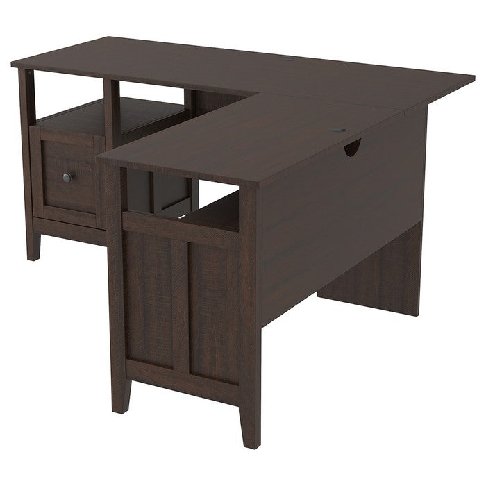 L Shaped Writing Desk with 1 Drawer and Bottom Shelf, Dark Brown and Black