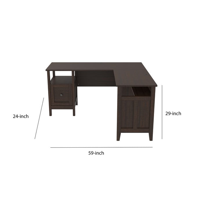 L Shaped Writing Desk with 1 Drawer and Bottom Shelf, Dark Brown and Black