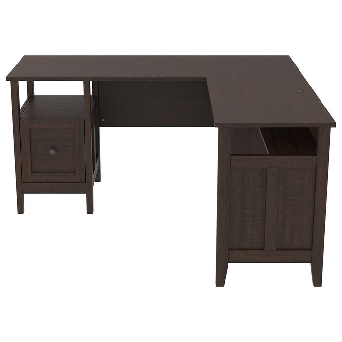 L Shaped Writing Desk with 1 Drawer and Bottom Shelf, Dark Brown and Black