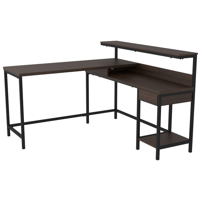 L Shaped Writing Desk with Bottom shelf and 1 Drawer, Dark Brown and Black