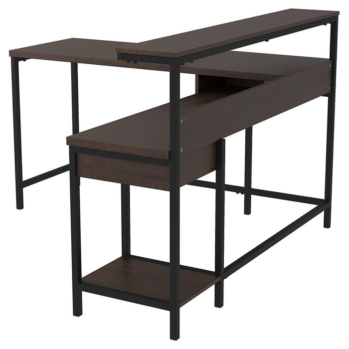 L Shaped Writing Desk with Bottom shelf and 1 Drawer, Dark Brown and Black