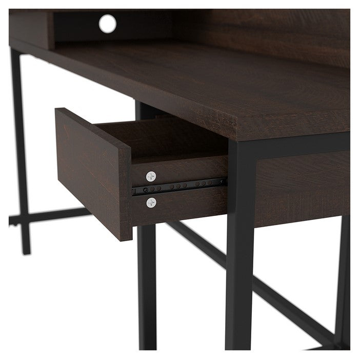 L Shaped Writing Desk with Bottom shelf and 1 Drawer, Dark Brown and Black