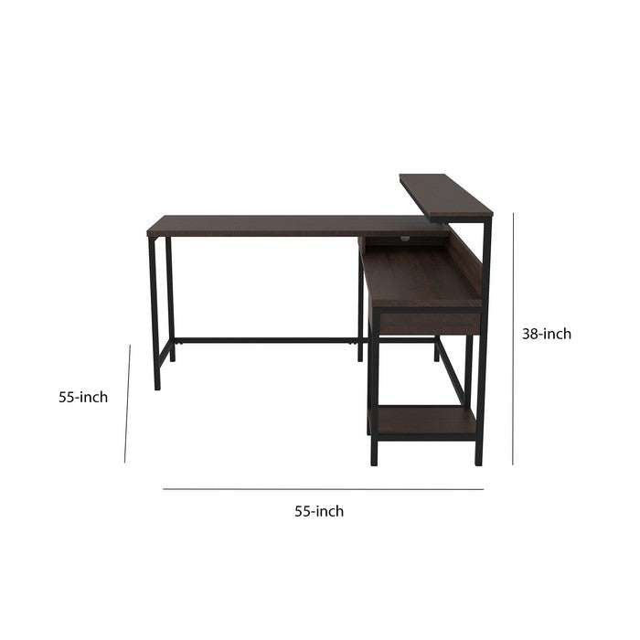 L Shaped Writing Desk with Bottom shelf and 1 Drawer, Dark Brown and Black