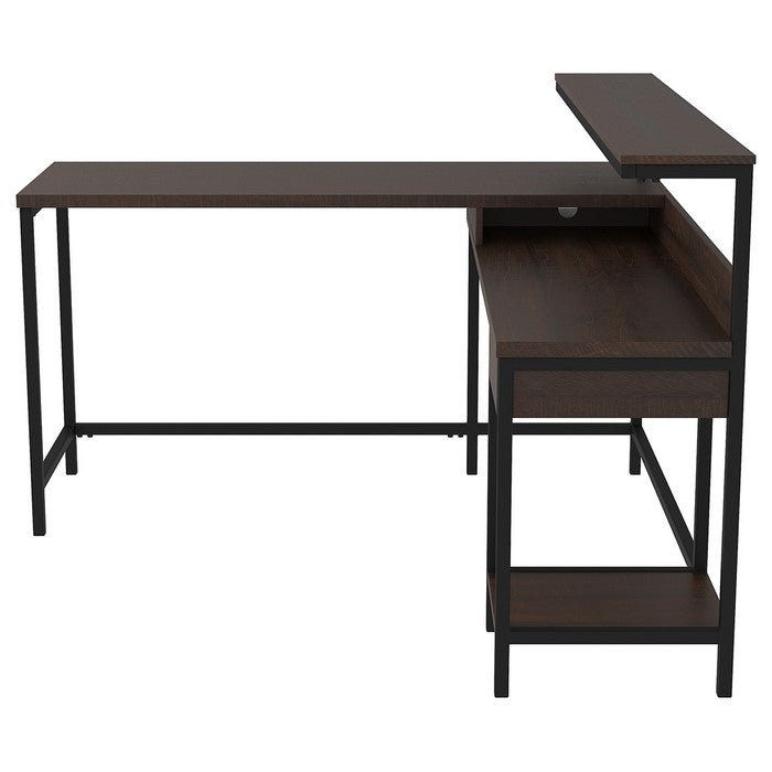 L Shaped Writing Desk with Bottom shelf and 1 Drawer, Dark Brown and Black