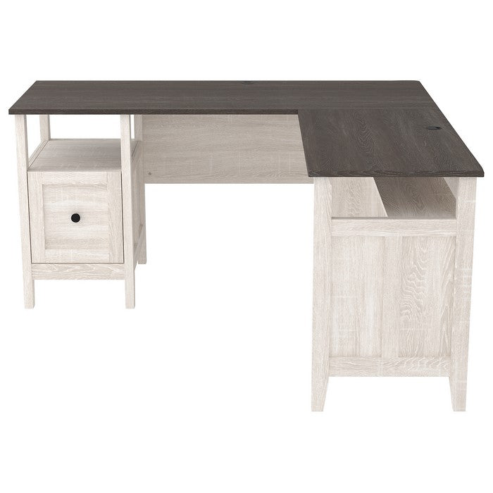 L Shaped Writing Desk with File Drawer and Bottom Shelf, Gray and White