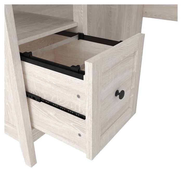 L Shaped Writing Desk with File Drawer and Bottom Shelf, Gray and White