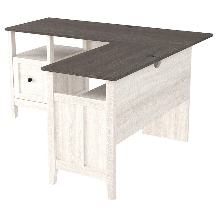 L Shaped Writing Desk with File Drawer and Bottom Shelf, Gray and White