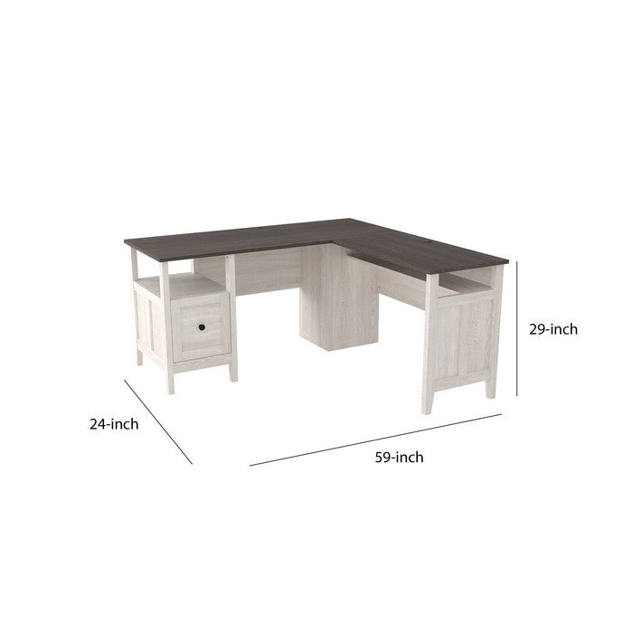 L Shaped Writing Desk with File Drawer and Bottom Shelf, Gray and White